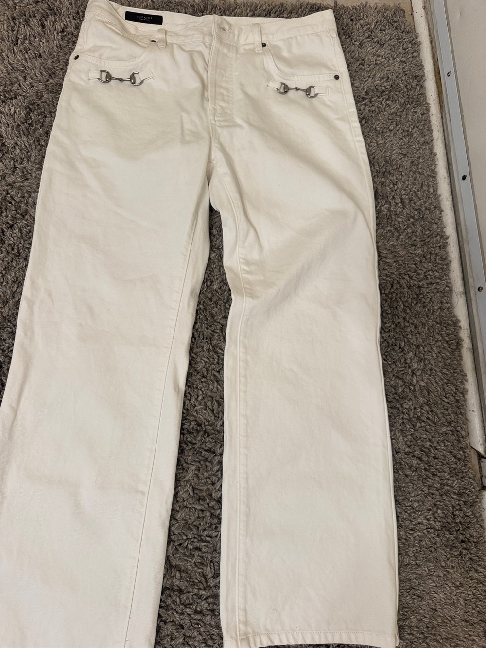 Gucci White Straight-Leg Jeans with Silver Horsebit Accent